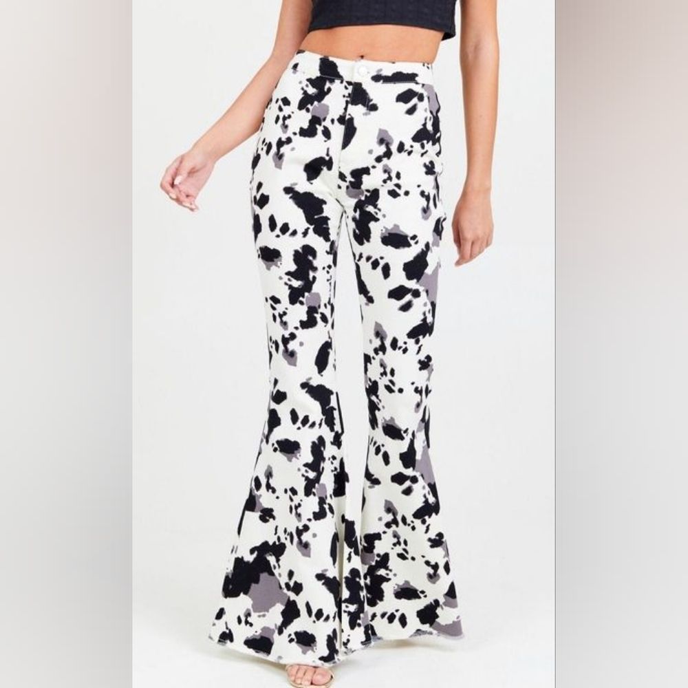 Altar'd State Cow Print Flare Pants Cream Black Bell Bottoms XS